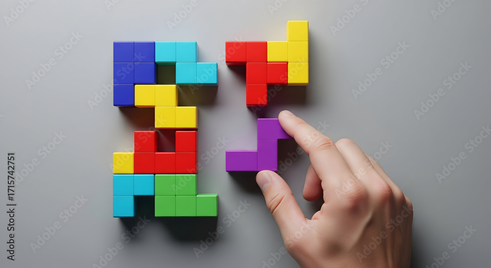 Obraz premium Hand placing final puzzle piece completing colorful block arrangement challenge