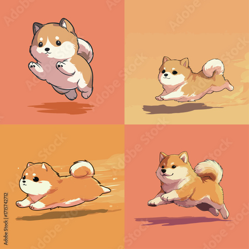 Four cartoon dogs are shown energetically jumping and running across a vibrant background. Their playful antics convey joy and excitement in a fun animated style.