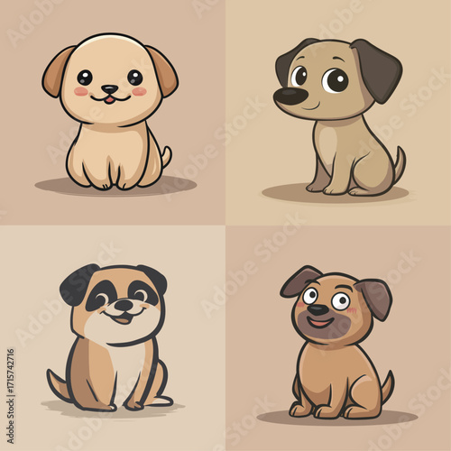 Four adorable cartoon dogs sit and pose playfully against a neutral background, each displaying unique expressions and features that highlight their charm and personality.