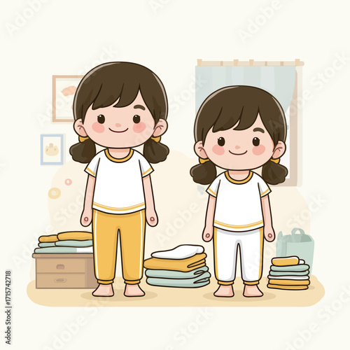Two young girls stand side by side, smiling as they arrange neatly folded clothes in a cozy room, showcasing their teamwork and happy mood.