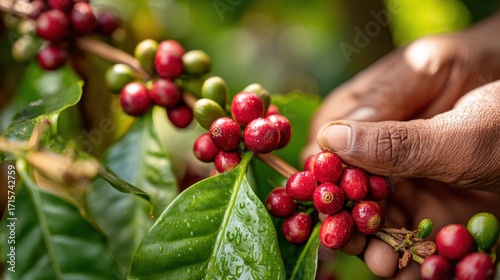 Macro Close Up of Coffee Farmer Hands Harvesting Red Coffee Cherries Among Lush Green Leaves