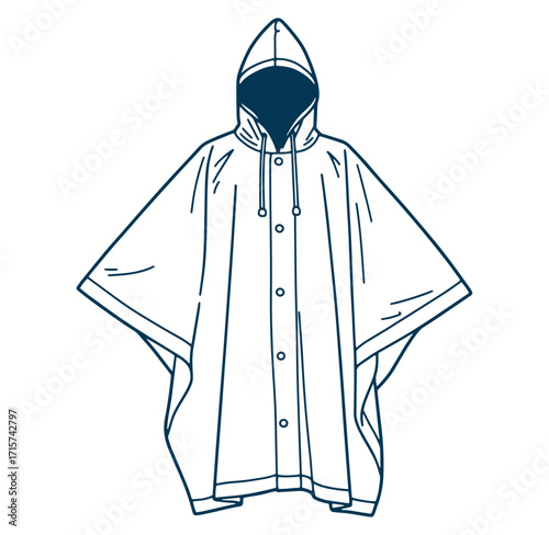 Vector illustration of a minimalist rain poncho with hood and buttoned front detail