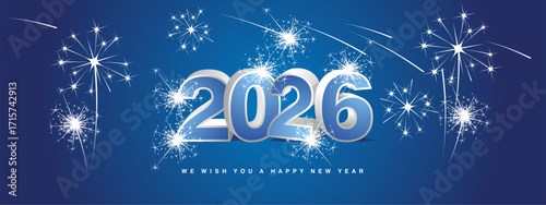 We wish you Happy New Year 2026. New modern 3d concept design. Light blue white silver 3D 2026 with shadows and stars sparkling fireworks on blue background
