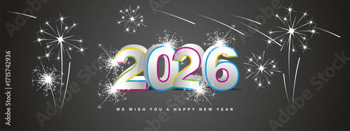 We wish you Happy New Year 2026. New modern 3d concept design. Colourful line white silver 3D 2026 with shadows and stars sparkling fireworks on black background