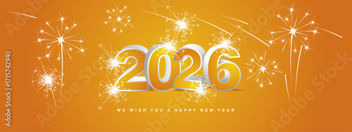 We wish you Happy New Year 2026. New modern 3d concept design. Orange yellow white silver 3D 2026 with shadows and stars sparkling fireworks on orange background