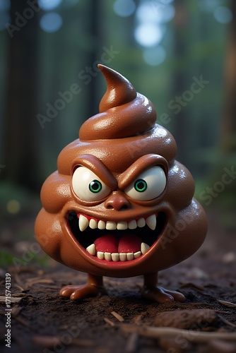 Angry Poop Emoji Character in Forest