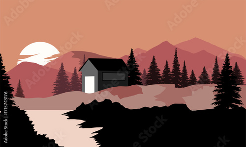 A minimalist, flat design illustration showing a tranquil mountain landscape with pine trees and a small house on a hill. The scene is bathed in the warm, reddish-brown tones of a setting sun reflecte