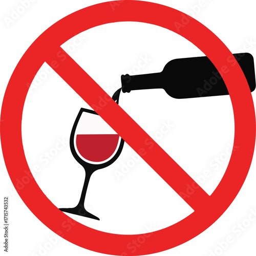 Prohibition sign depicting a bottle pouring liquid into a wine glass, indicating no alcohol.