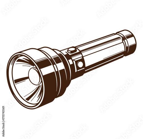 Vector illustration of a sleek detailed flashlight with brown outlines against white background