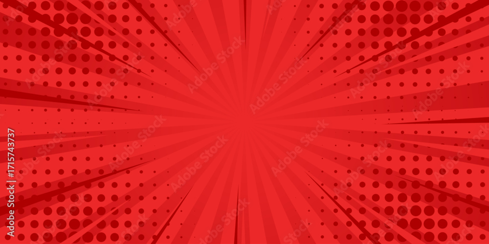Fototapeta premium Red comic sunburst effect background with halftones. Pop art comic style background. Perfect for templates, sales banners, wallpapers, advertisements, web pages, and more.