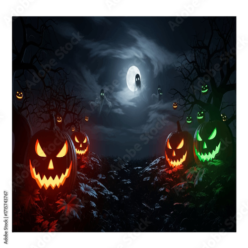 Spooky halloween night with jack o lanterns and ghosts under the moon