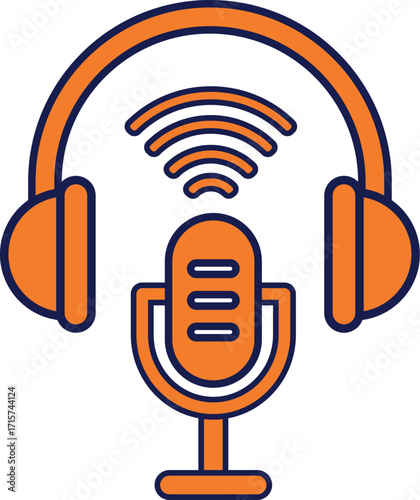 Headphone icon for music audio podcast with sound wave vector. Broadcast Icons. Outline icon set of broadcast. Microphone. Microphone and sound waves icon for podcasting and audio recording.
