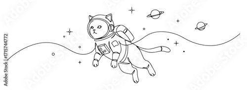 cat astronaut flying in space monoline vector art