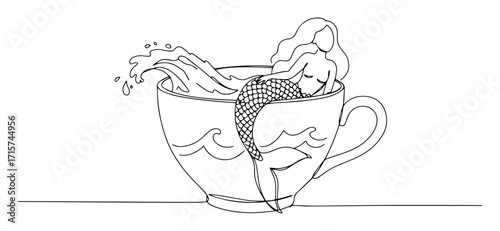 mermaid bathing inside teacup monoline vector art