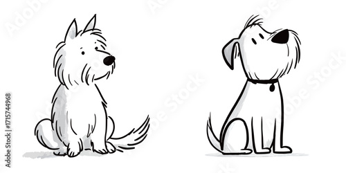 Two cartoon dogs are illustrated, one with fluffy fur and the other with a sleek coat, both sitting and looking curiously. The scene captures their playful nature.