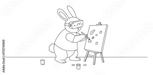 rabbit painting with vr goggles monoline vector art