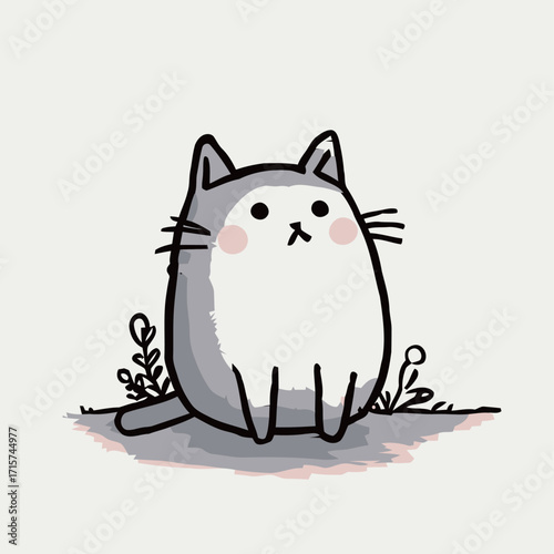A cheerful gray cat with rounded cheeks sits calmly in front of small green plants, showcasing a playful and adorable design. The background is light and minimalistic.