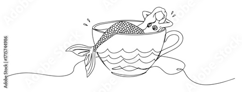 mermaid resting inside teacup monoline vector art
