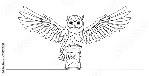 wise owl spreading wings above hourglass monoline vector art