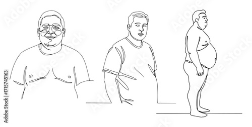 portraits of three overweight men monoline vector art