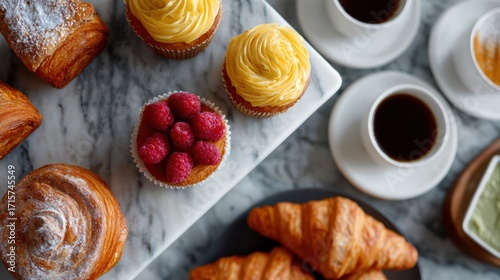 top view of bakery counter with cupcakes, croissants, coffee cups, and pastries arranged neatly