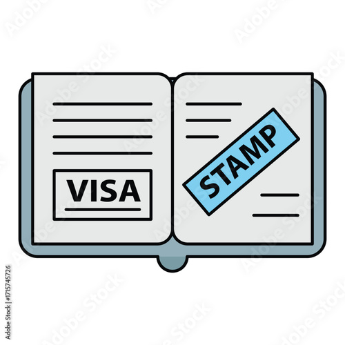 Flat vector icon of a travel visa and passport stamp book, for tourism and trip design.