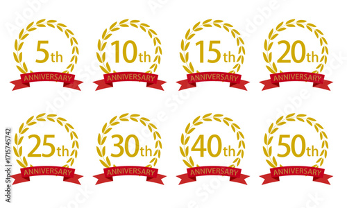 アニバーサリー 周年記念ローレルリース 赤リボン付き ベクター素材 編集可能(5周年・10周年・15周年・20周年・25周年・30周年・40周年・50周年)