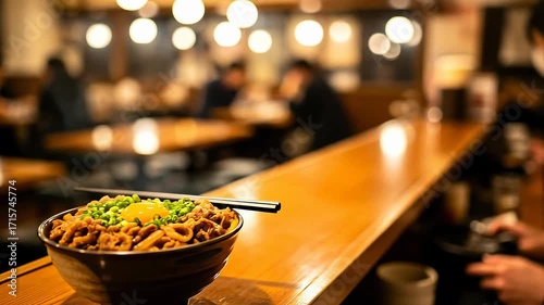 Gyudon with Raw Egg Yolk in Japanese Restaurant Interior