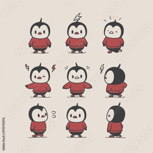 A playful cartoon penguin in a red sweater is depicted in several poses expressing different emotions. The character looks adorable and conveys a range of feelings.