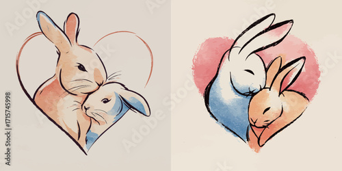 Two rabbits are cuddling in heart shapes, surrounded by soft pastel colors. The scene conveys warmth and affection through their gentle expressions and tender pose.