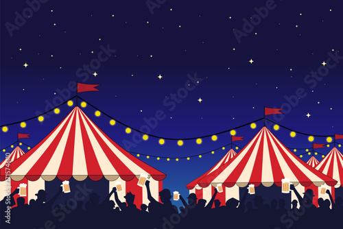 Illustration Crowd Silhouette Enjoying Entertainment Tent with Light at Night Carnival