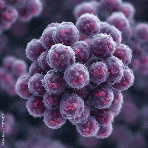 Photorealistic Macro Illustration of Staphylococcus Aureus Bacteria in Clustered Spherical Formation