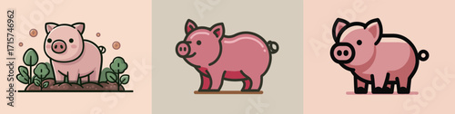 Three adorable cartoon pigs are displayed, each with distinct features and colors. They are set against various pastel backgrounds, showcasing their playful nature.