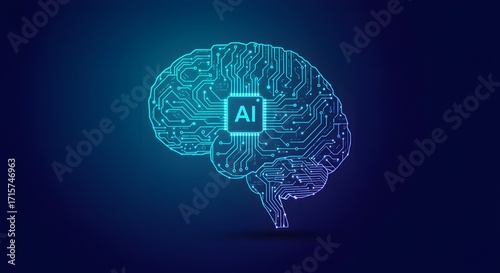 futuristic AI brain made of glowing circuits, technology business symbol, ultra sharp and clear details, modern gradient background
