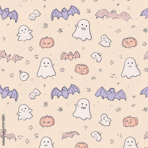 This festive pattern features adorable ghosts, bats, and pumpkins scattered across a soft background. Perfect for Halloween decorations, crafts, and celebration themes.