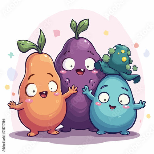 Adorable Fruit Monster Trio Playful Illustration