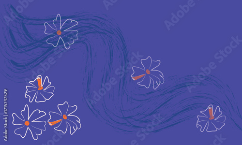 Illustration of abstract blue  background with brush stroke and night flowering jasmine flower, floral abstract background illustration 