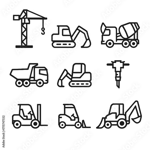 Construction and Heavy Equipment Line Icons Set