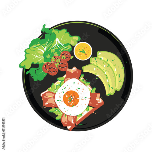 Delicious Breakfast Plate with Fried Egg Bacon Avocado and Salad.