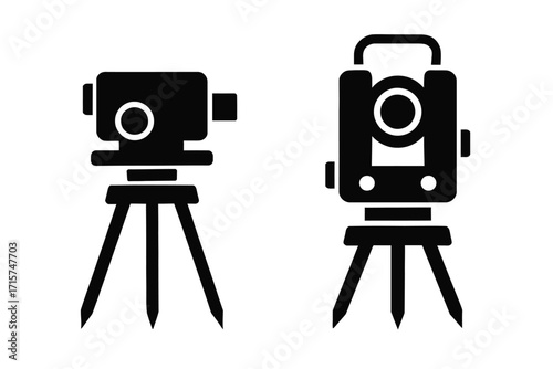 Surveying Instruments Icon Set: Black silhouettes of a total station and an auto level on tripods, representing land measurement and construction engineering.