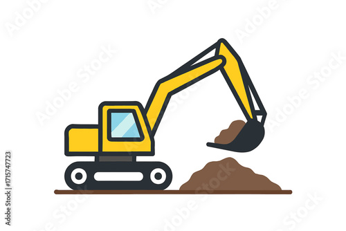 Yellow Excavator Digging Earth Flat Design Illustration