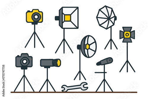 Flat Design Photography and Videography Studio Equipment Set Illustration