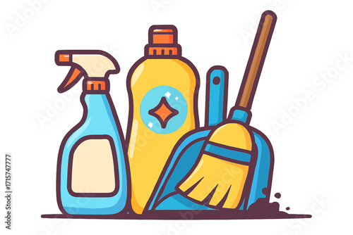 Cleaning Supplies Set with Broom, Dustpan, and Bottles Vector Illustration