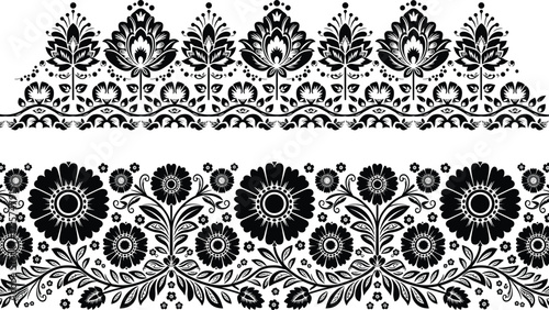 
Vintage folk art floral borders with stylized flowers and leaves, traditional black and white Eastern European ornamental decorative vector set.