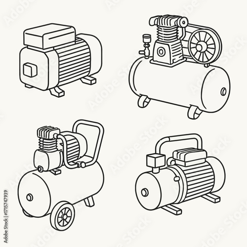 Isometric Line Art Set of Air Compressors and Electric Motors