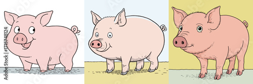 Three cartoon pigs display different expressions and positions. Each pig is uniquely styled and set against a simple background, adding cheerfulness to the scene.