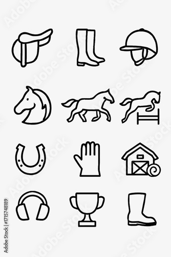 Equestrian Sports and Horse Riding Line Art Icons Set