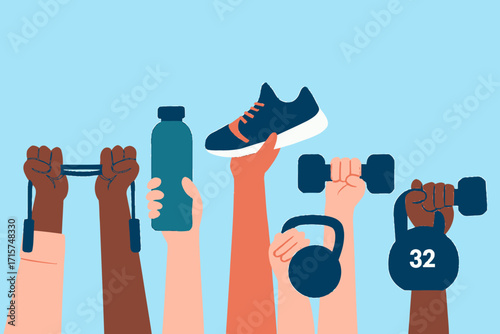 Diverse Hands Holding Fitness Equipment and Essentials