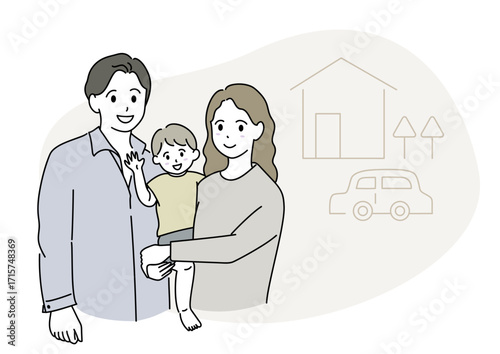 マイホームを背景に笑顔で立っているパパとママと子どもの家族 ファミリー