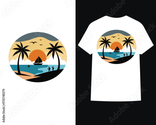 Tropical Beach Sunset Vector Illustration for T Shirt Design and Apparel